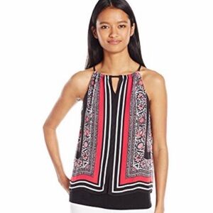 Boho Hippie Halter Printed Top L Keyhole Cutout Flowy Layered